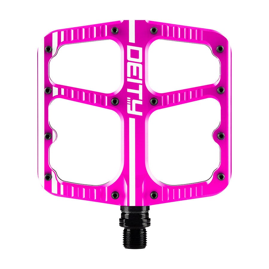 Deity Flat Trak Deity, Flat Trak, Platform Pedals, Body: Aluminum, Spindle: Cr-Mo, 9/16'', Pink, Pair Platform Pedals