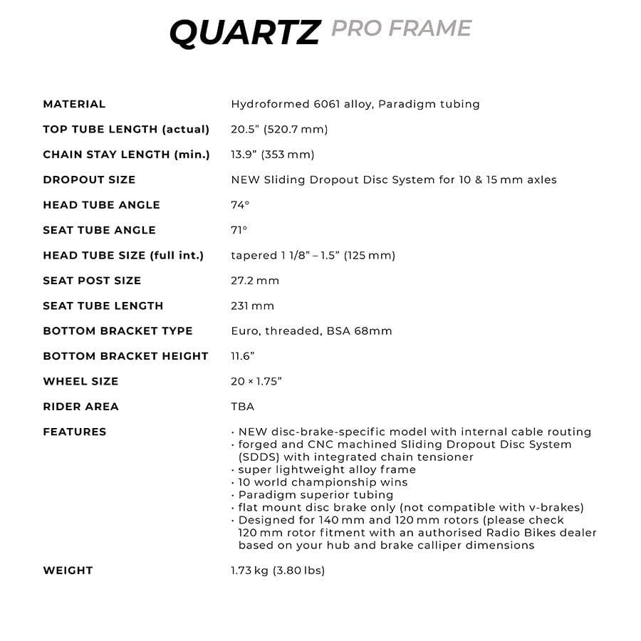 Radio Raceline Quartz Pro BMX Frames