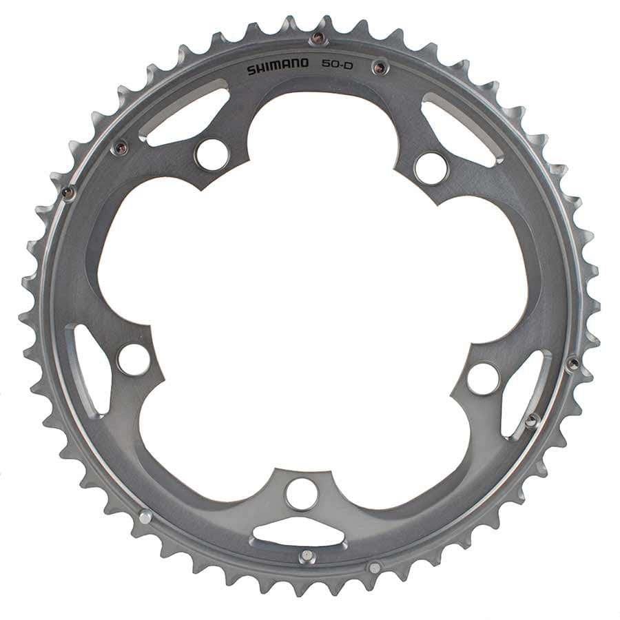 Shimano 50T 105 FC-5703 Silver Shimano, Y1M498030, 50T, 10sp, BCD: 130mm, 5 Bolt, 105 FC-5703, Outer Chainring, For D-type triple, Aluminum, Silver Chainrings