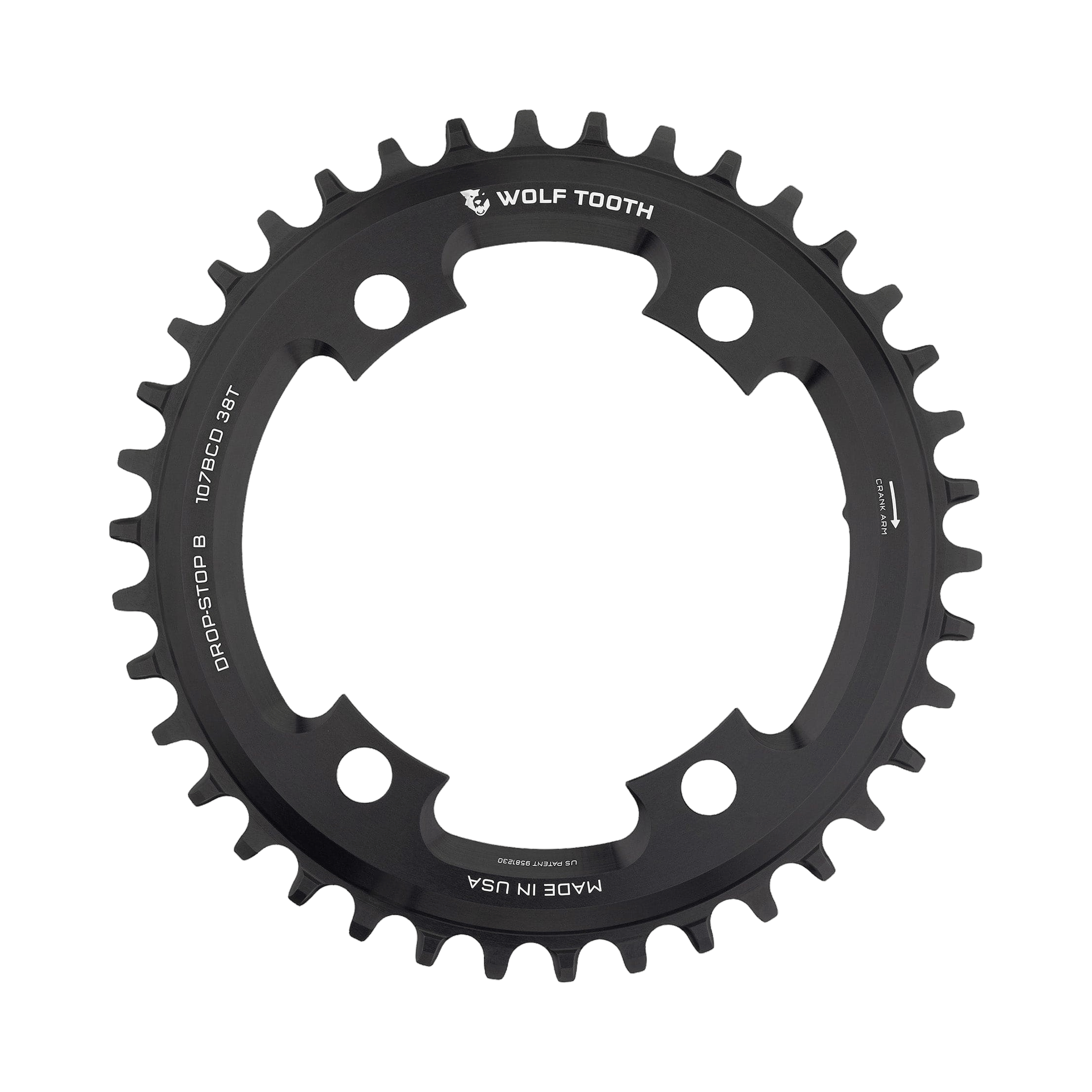 Wolf Tooth 107 BCD Chainring - 38t, Compatible with SRAM 107 BCD, Drop-Stop B, 4-Bolt, Black Parts - Chainrings